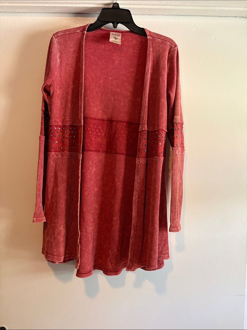 Vocal Open-Front Red Studded Longline Cardigan